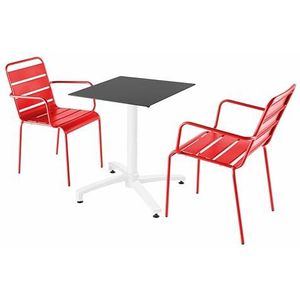 Oviala Business Set van zwarte laminaat terrastafel en 2 rode armstoelen - rood Metaal 110760