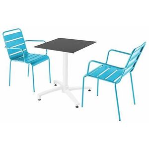 Oviala Business Set van zwarte laminaat terrastafel en 2 blauwe fauteuils - blauw Metaal 110763