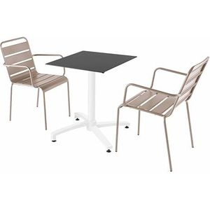 Oviala Business Set van zwarte laminaat terrastafel en 2 taupe fauteuils - grijs Metaal 110765