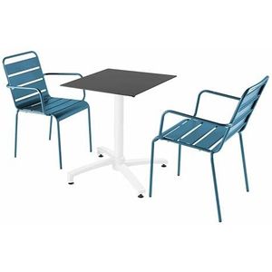 Oviala Business Set van zwarte laminaat terrastafel en 2 Pacific blauwe fauteuils - blauw Metaal 110767