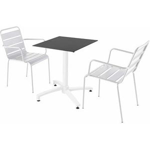 Oviala Business Set van zwarte laminaat terrastafel en 2 witte armstoelen - wit Metaal 110770