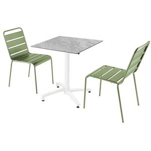 Oviala Business Set marmeren laminaat terrastafel met 2 cactusgroene stoelen - groen Metaal 110782