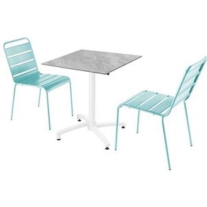 Oviala Business Set marmeren gelamineerde terrastafel met 2 turquoise stoelen - blauw Metaal 110787