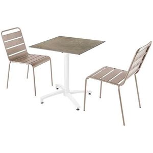 Oviala Business Set van beige marmeren laminaat terrastafel met 2 taupe stoelen - grijs Metaal 110790