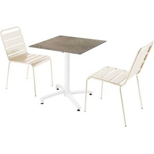 Oviala Business Set van beige marmeren laminaat terrastafel met 2 ivoorkleurige stoelen - wit Metaal 110791