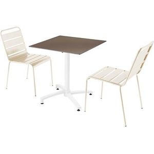 Oviala Business Set van terrastafel in taupe laminaat en 2 ivoorkleurige stoelen - wit Metaal 110794