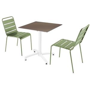 Oviala Business Set van terrastafel in taupe laminaat en 2 cactusgroene stoelen - groen Metaal 110796