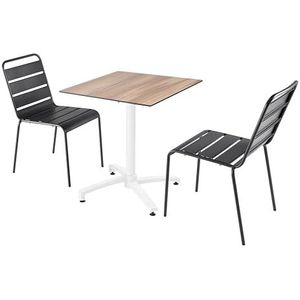 Oviala Business Set van donker eiken laminaat terrastafel en 2 grijze stoelen - grijs Metaal 110799