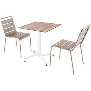 Oviala Business Set van donker eiken laminaat terrastafel en 2 taupe stoelen - grijs Metaal 110800