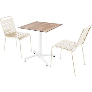 Oviala Business Set van donker eiken laminaat terrastafel en 2 ivoorkleurige stoelen - wit Metaal 110801