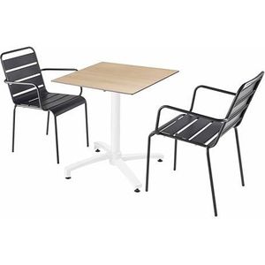 Oviala Business Set van eiken laminaat terrastafel en 2 grijze fauteuils - grijs Metaal 110812