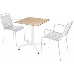 Oviala - Set tuintafel met eikenhouten laminaat en 2 witte fauteuils