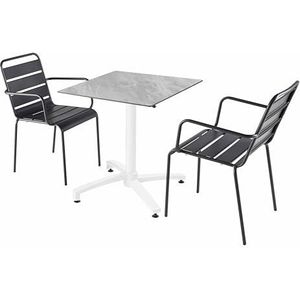 Oviala - Een tuintafel met marmeren laminaat en 2 grijze fauteuils