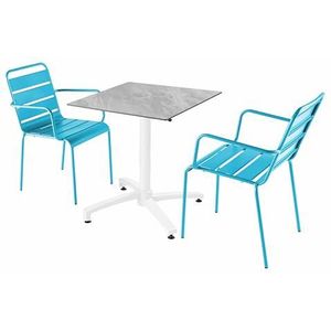 Oviala Business Set van marmeren gelamineerde terrastafel en 2 blauwe armstoelen - blauw Metaal 110822