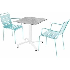 Oviala Business Set van marmeren gelamineerde terrastafel en 2 turquoise fauteuils - blauw Metaal 110825