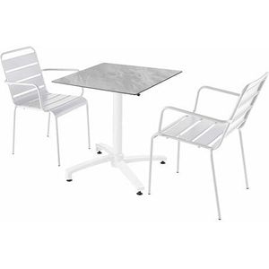 Oviala Set tuintafel laminaat marmer en 2 fauteuils wit