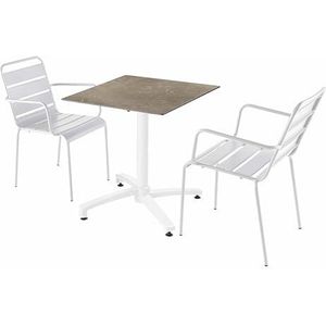 Oviala Business Set van beige marmeren laminaat terrastafel met 2 witte armstoelen - wit Metaal 110830