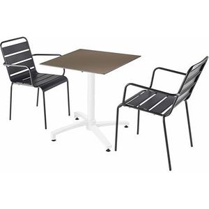 Oviala Set tuintafel laminaat taupe en 2 fauteuils grijs