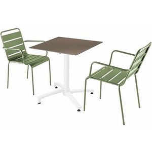 Oviala Business Set van terrastafel in taupe laminaat en 2 cactusgroene fauteuils - groen Metaal 110834