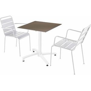 Oviala Business Set van terrastafel in taupe laminaat en 2 witte fauteuils - wit Metaal 110836