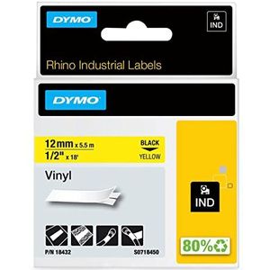 DYMO Rhino Industrie-vinyllabels, 12 mm x 5,5 m, zwarte stickerprint op gele achtergrond, voor Rhino en LabelManager etiketteerders