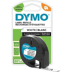 DYMO authentieke plastic LT-labels | 12 mm x 4 m op rol | Zwart afdrukken op witte labels | Voor LetraTag-labelmakers