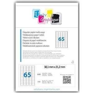 100 vellen, 6500 etiketten, 38,1 x 21,2 - klein personaliseerbaar zelfklevend etiket. 100 vellen met 65 witte zelfklevende etiketten voor inkjet- en laserprinters, ref. UGE65- L7651