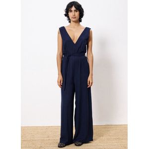 FRNCH - Pakize - Jumpsuit - Donkerblauw - V-Hals, Mouwloos, Afneembare Strikceintuur, 55% Ramee, 45% Lyocell