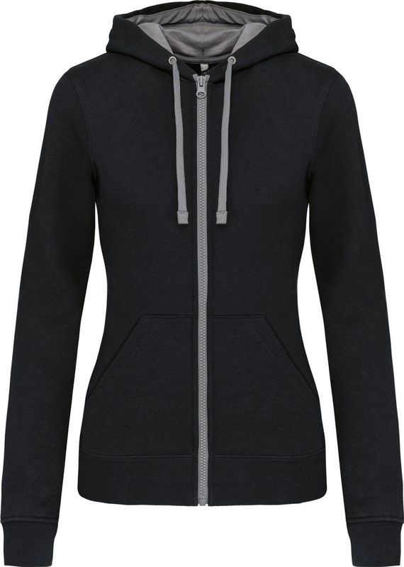 Kariban - K467 - Damessweater - Zwart / Fijn Grijs - Met Rits en Capuchon