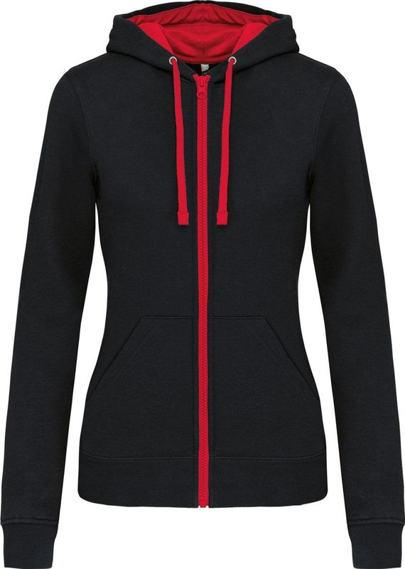 Kariban - K467 - Damessweater - Zwart/Rood - Met Rits en Capuchon