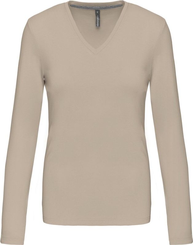 Kariban Dames t-shirt V-hals lange mouwen K382 - Light Sand - 3XL
