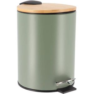 Tendance Badkamer prullenbak/afvalbak Bamboo vibe - soft close - olijfgroen - 3 liter - metaal
