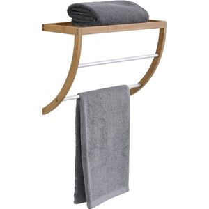Handdoekenrek wand - 2 stangen - bamboe hout/wit - 45 x 20 x 34 cm - Handdoekrekken