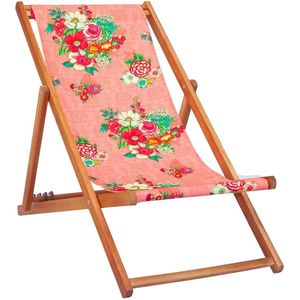 Houten Strandstoel met Koraal/roze Bloem design Hanami - Ligstoel - Tuinstoel - Acaciahout - met vier verstelbare rugleuning posities