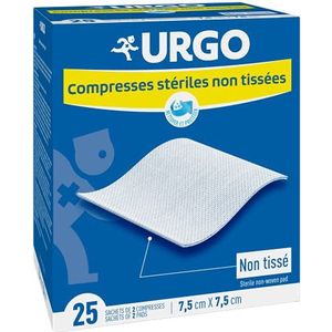 Urgo - Steriele kompressen - Niet-geweven - Doos met 25 zakjes met 2 kompressen - 7,5cm x 7,5cm
