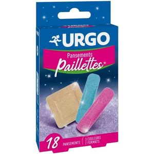 URGO - Glitterpleisters, 2 formaten, 3 kleuren, anti-aanbakkompres, 18 beschermpleisters