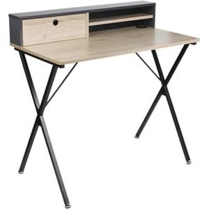 THE HOME DECO FACTORY Casâme Bureau van metaal, 1 lade en opbergruimte, metaal en hout, bijzettafel, industriële stijl, modern, stabiel, zwart en beige, L 90 x D 50 x H 91,5 cm