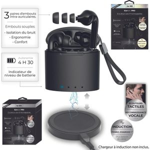 Ecouteur Oreillette Earbox Pro Bluetooth Sans Fil Reduction Bruit Rechargeable Chargeur Induction Noir Compatible Smartphone