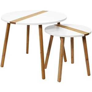 THE HOME DECO FACTORY Set van 2 salontafels, rond, tweekleurig, reliëf, wit, bewerkt hout, klein, 40 x 40 cm, lengte 60 x 48 cm