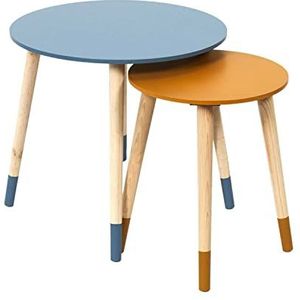 THE HOME DECO FACTORY Set van 2 salontafels, uittrekbaar, rond, tweekleurig, blauw/geel, hout, klein 33 x 40 cm, hoogte 43 x 48 cm