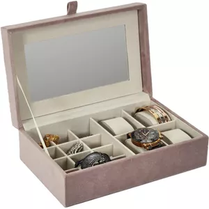 Procase Horlogedoos met 2 lagen met glazen deksel, 10 vakken en 1 lade voor horloges, ringen, armbanden, bruin
