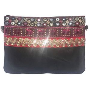 NOVAGO Multifunctionele tas met afneembare schouderriem en decoratie, pailletten, handgemaakt, Zwart/Rood, Unique