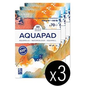 Clairefontaine Goldline Aquapad 975720C, 70 vellen, aquarelpapier, middelgroot, A5, 14,8 x 21 cm, 300 g, ideaal voor vochtige techniek, 3 stuks