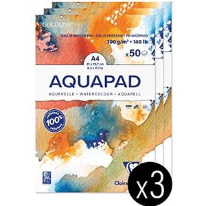 Clairefontaine Goldline Aquapad 975721C – gelijmd blok – 50 vellen aquarelpapier, middelgroot, A4, 21 x 29,7 cm, 300 g, ideaal voor vochtige techniek, verpakking met 3 blokken