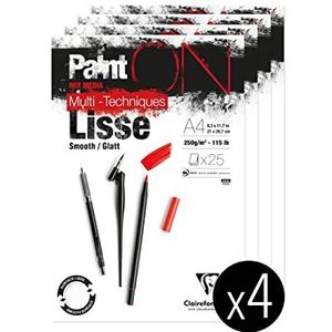 Clairefontaine 975729C Collé PaintON multifunctioneel papier, 25 vellen, multifunctioneel papier, glad oppervlak, A4, 21 x 29,7 cm, 250 g, verpakking met 4 blokken