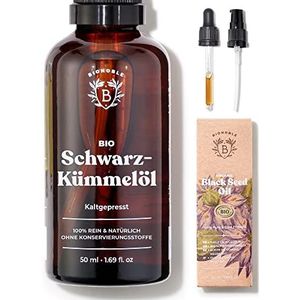 BIONOBLE Biologische Zwarte Komijnolie - Koudgeperst, 100% Natuurlijke Oorsprong, Hexaanvrij - Anti-Acné, Zuiverend - Gezicht, Lichaam, Haar - Vegan Black Seed Oil - Glazen Fles, Pipet, Pompje - 50ml