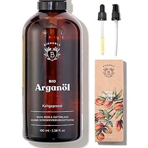 BIONOBLE Biologische Arganolie 100% Puur, Koudgeperst in Marokko - Herstelt en Voedt, Anti-Aging - Argan Oil Haar, Gezicht, Lichaam - Vegan en Zonder Hexaan - Glazen Fles met Pipet en Pompje - 100ml