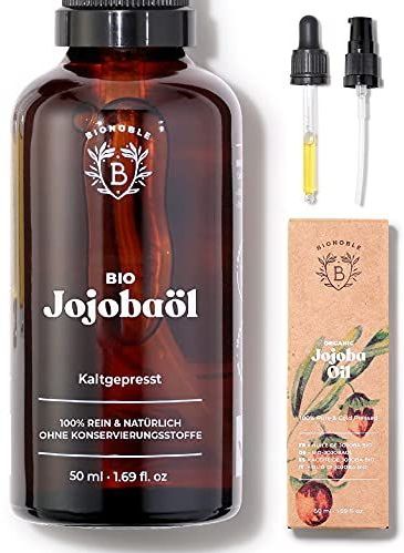 BIOLOGISCHE JOJOBAOLIE | 100% Puur, Natuurlijk & Koudgeperst | Gezicht, Lichaam, Haar, Baard, Nagels | Vegan & Cruelty Free | Jojoba Oil | Glazen Fles + Pipet + Pompje (50ml)