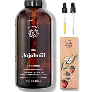 Bionoble Biologische jojoba-olie, 100 ml, pipet en pomp, glazen fles, 100% zuiver, natuurlijk, koudgeperst, jojoba-olie voor haar, gezicht, lichaam, veganistische jojoba-olie, biologische jojoba-olie