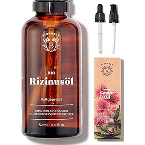 BIOLOGISCHE RICINUSOLIE | 100% Puur, Natuurlijk & Koudgeperst | Wimpers, Wenkbrauwen, Lichaam, Haar, Baard, Nagels | Vegan & Cruelty Free | Castor Oil | Glazen fles + Pipet + Pompje (50ml)